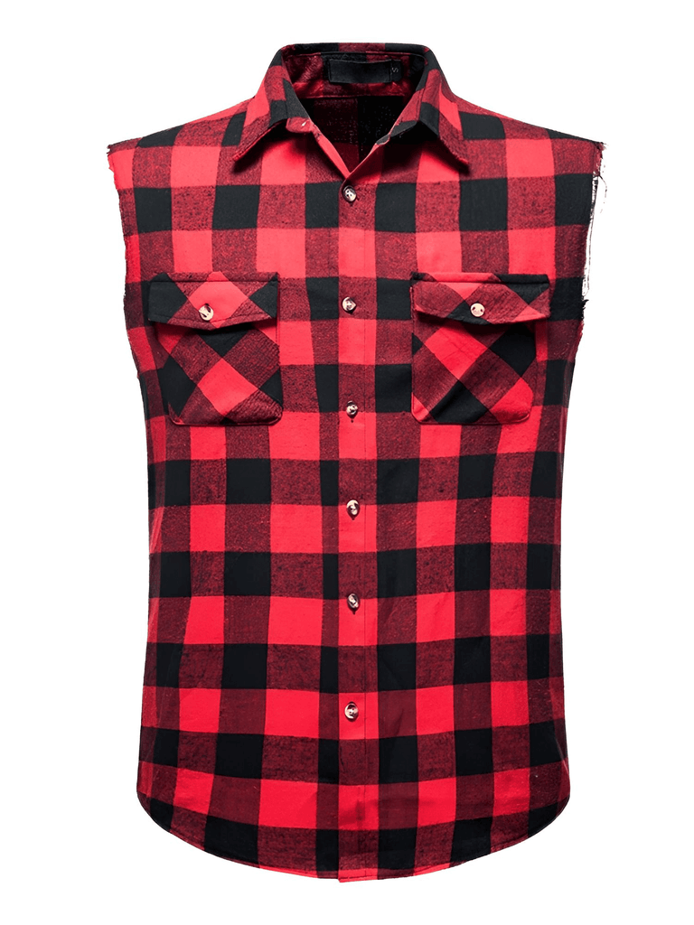 Men's Casual Sleeveless Collar Plaid Shirts with Double Pockets