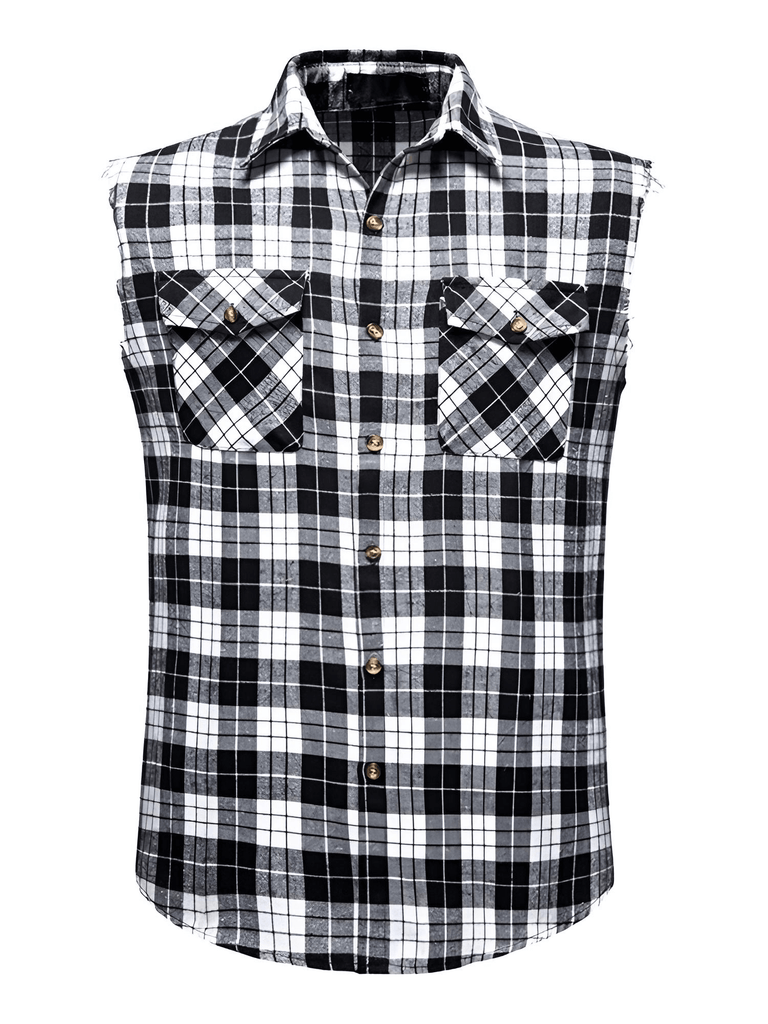 Men's Casual Sleeveless Collar Black and White Plaid Shirts with Double Pockets