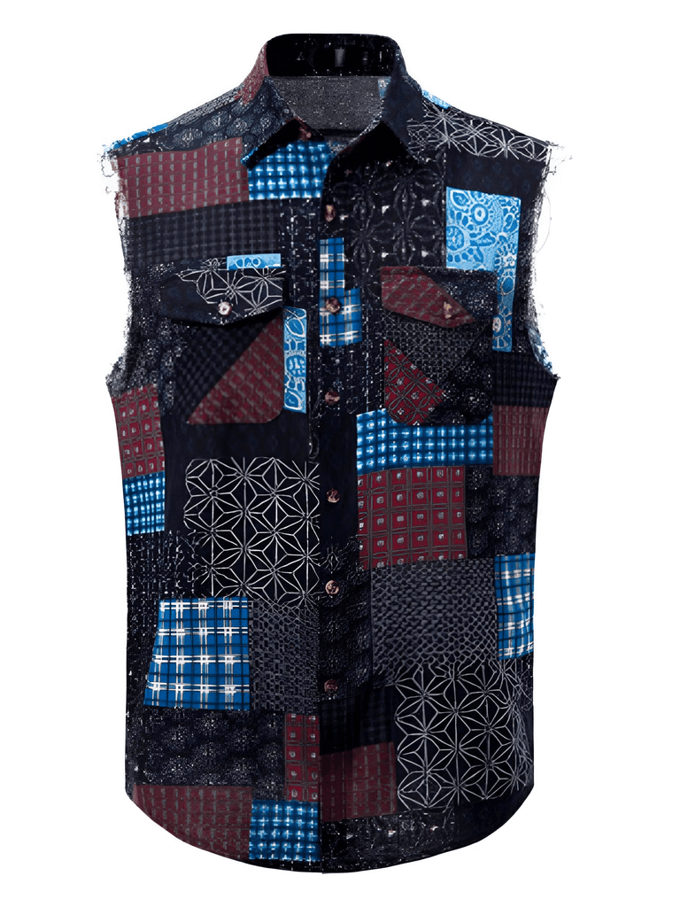 Men's Casual Sleeveless Collar Blue Patchwork Shirts with Double Pockets