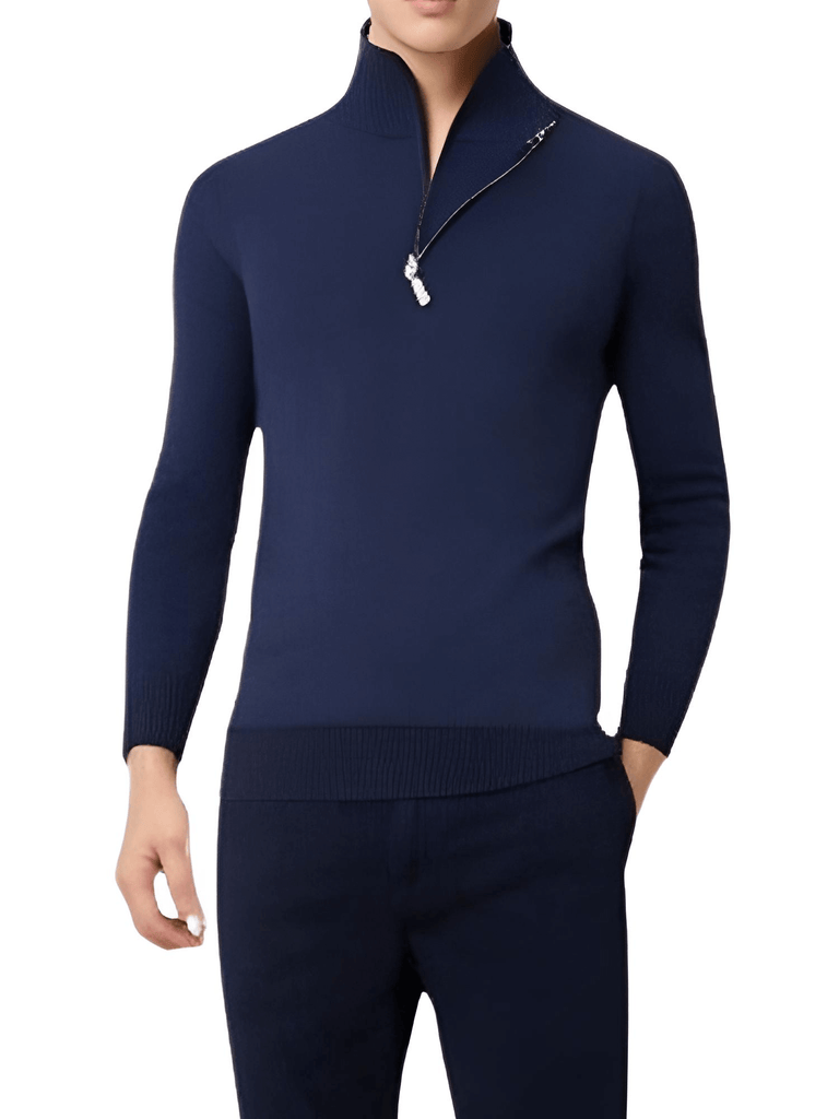 Shop Drestiny for a stylish Men's Navy Cotton Mock Neck Half Zip Pullover. Save up to 50% off on Men's Sweaters. Free Shipping + Tax on us!