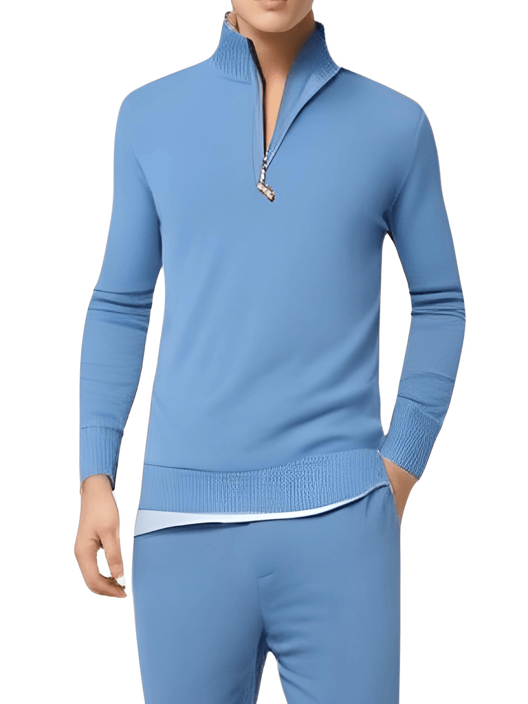 Shop Drestiny for a stylish Men's Blue Cotton Mock Neck Half Zip Pullover. Save up to 50% off on Men's Sweaters. Free Shipping + Tax on us!
