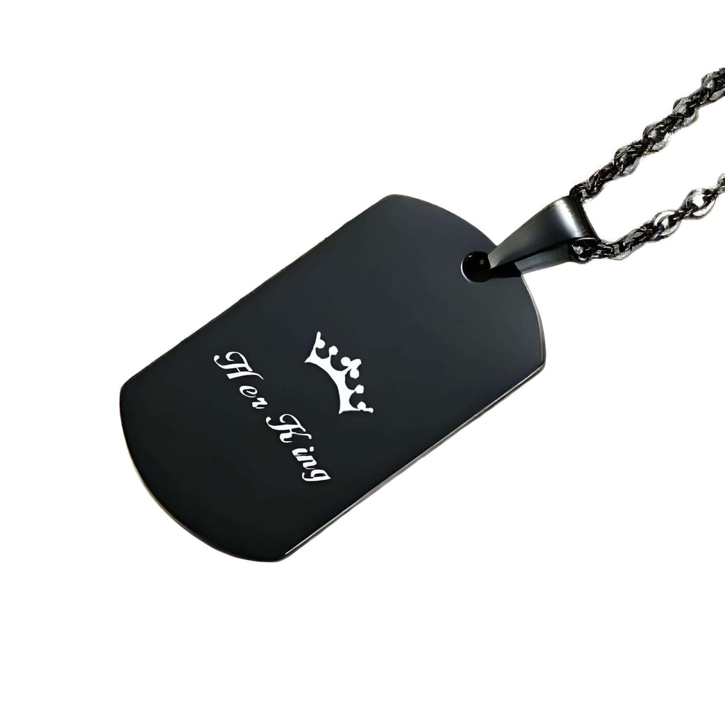 Men's Black Dog Tag Her King Pendant Necklace With Free Engraving!