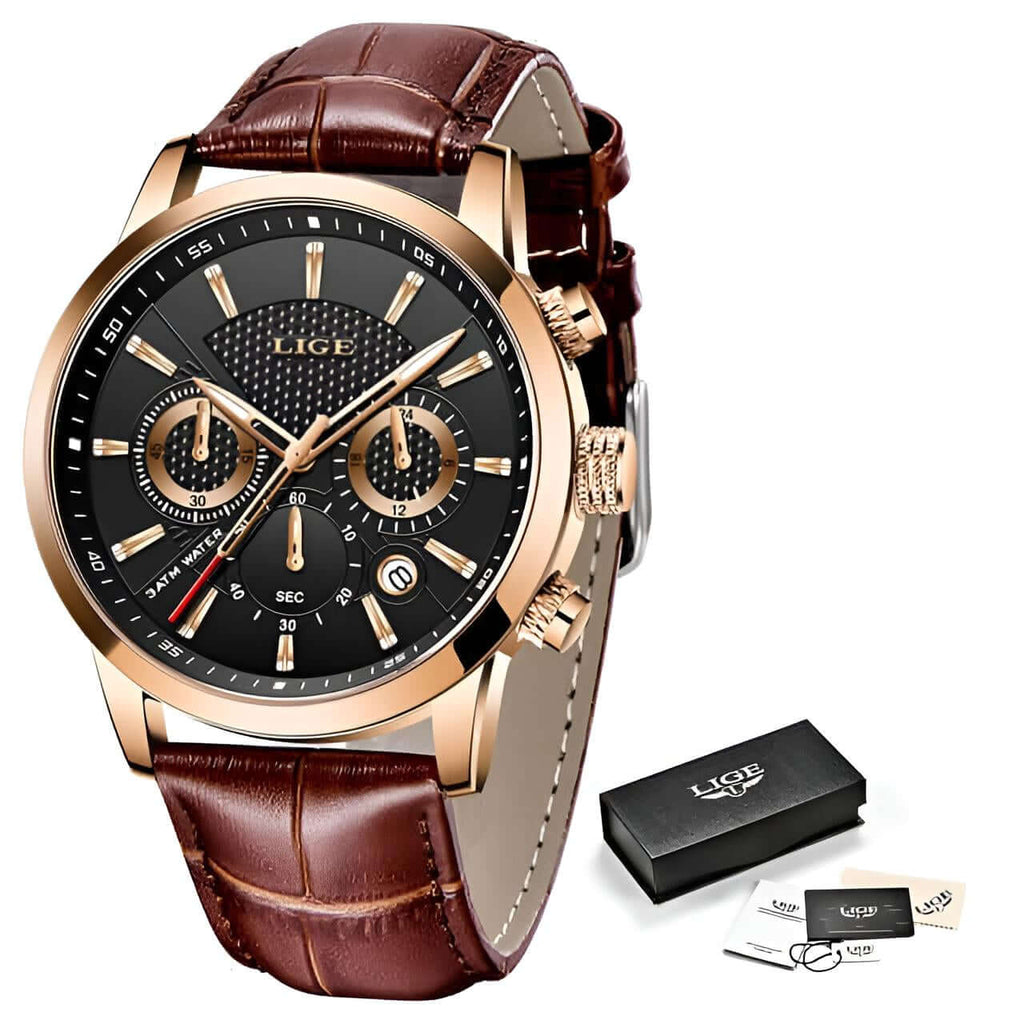 Men's Brown Leather Chronograph Waterproof Gold Watch