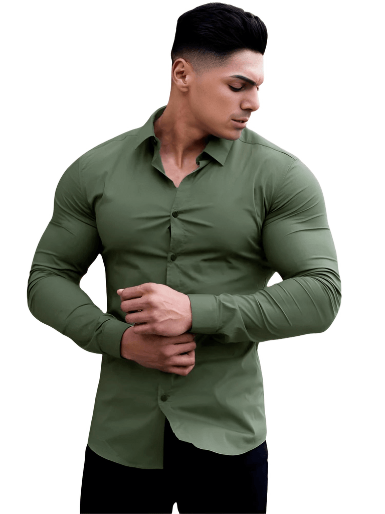 Stylish men's long sleeve fitted army green button down dress shirts on sale at Drestiny. Free shipping + tax covered. Seen on FOX/NBC/CBS. Save up to 50%.