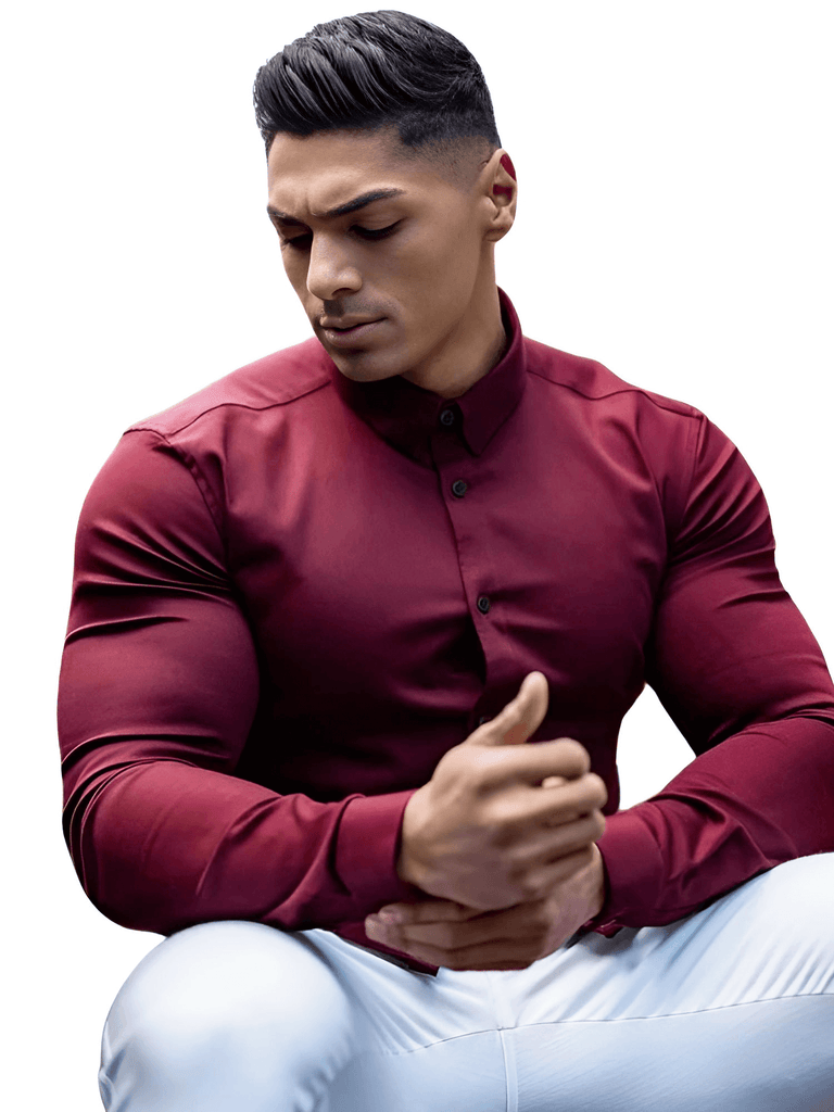 Stylish men's long sleeve fitted dark red button down dress shirts on sale at Drestiny. Free shipping + tax covered. Seen on FOX/NBC/CBS. Save up to 50%.