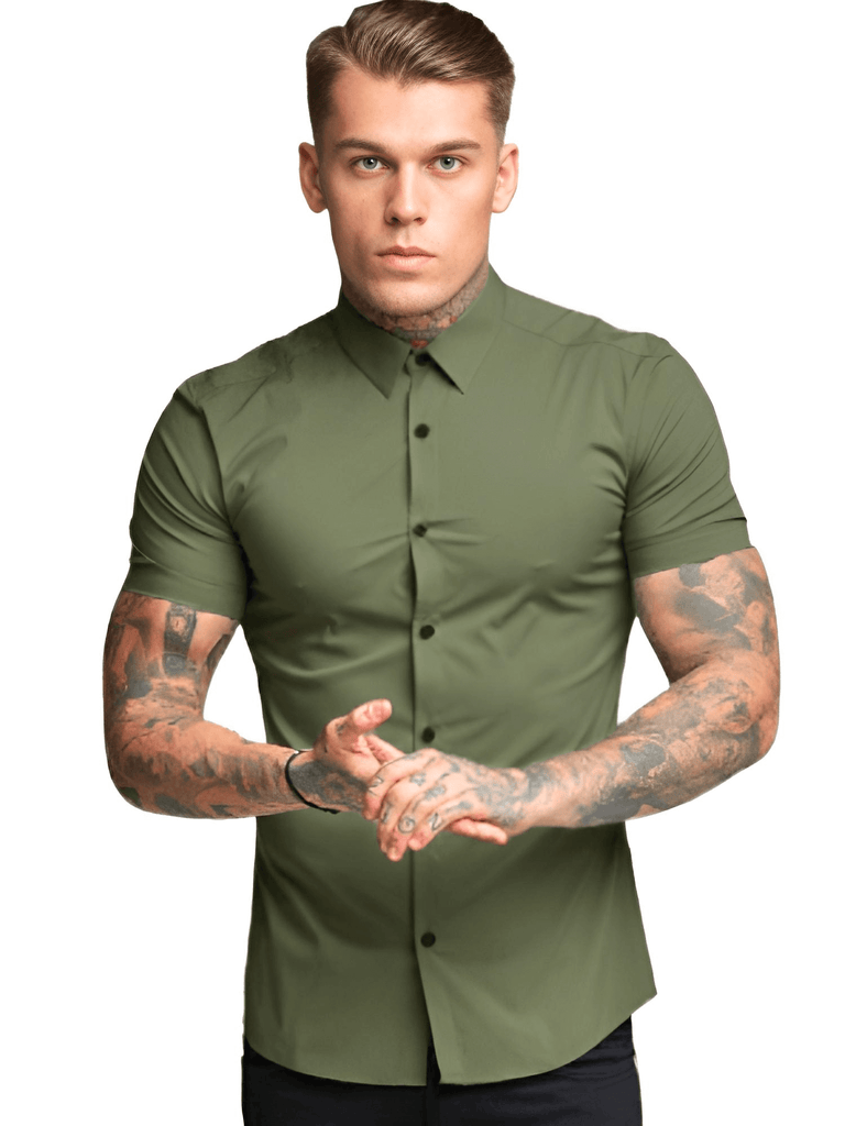 Men's Army Green Short Sleeve Fitted Shirt