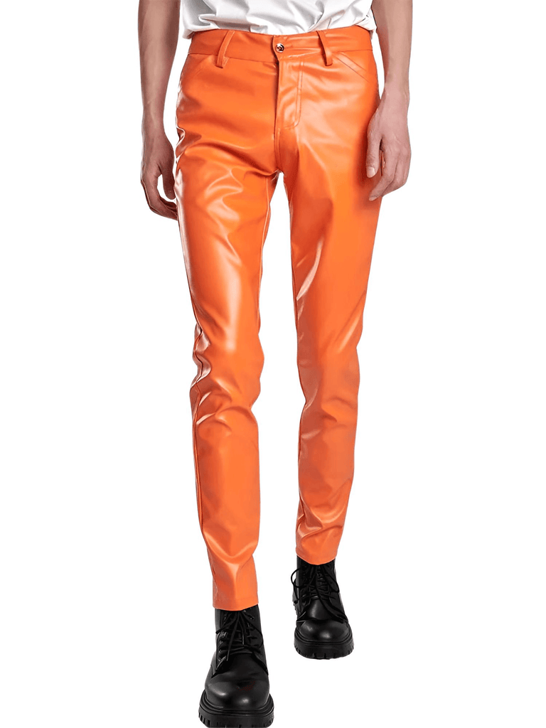 Elevate your style with the Men's Slim Fit Orange Leather Pants from Drestiny. Enjoy free shipping, tax covered, and up to 50% off for a limited time!