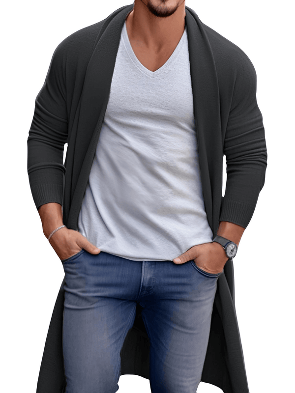 Stylish men's thin black cardigan perfect for spring. Shop Drestiny for up to 50% off men's clothing. Free shipping + tax covered!