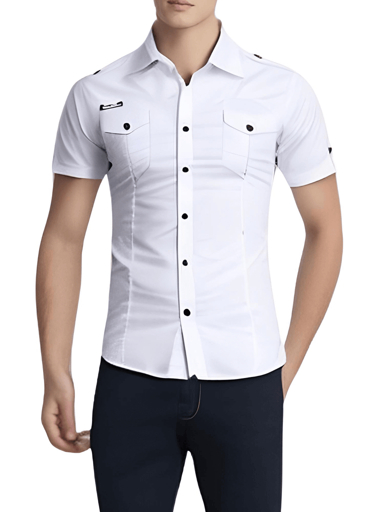 Stylish men's white short sleeve cargo shirt on sale at Drestiny. Enjoy free shipping and let us cover the tax! Save up to 50% now.