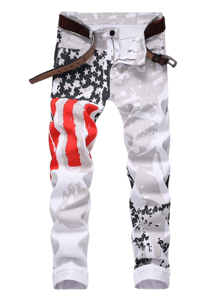 Men's White Skinny Jeans With American Flag Design