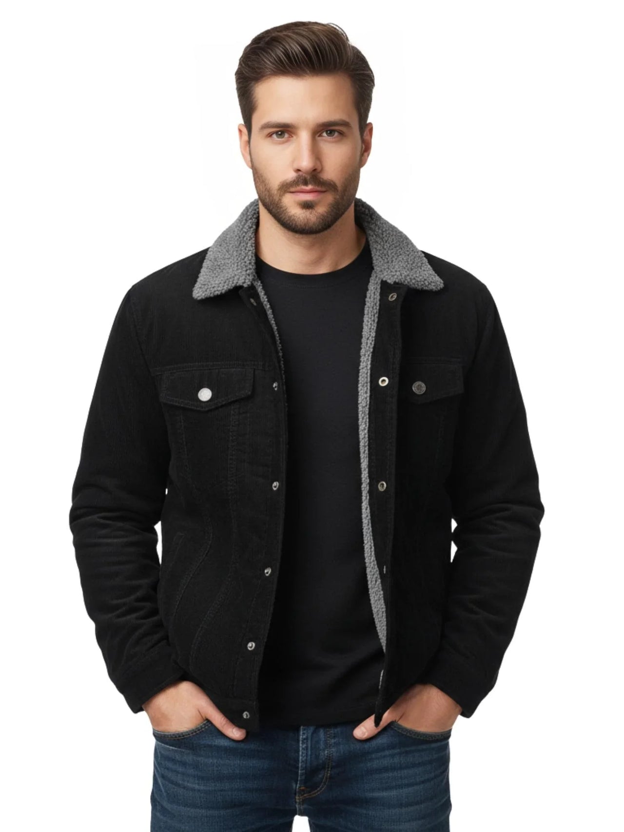 Men's Corduroy Jacket Vintage Sherpa Fleece Lined Thick Warm Winter Coats Multi-Pockets Casual Denim Jacket