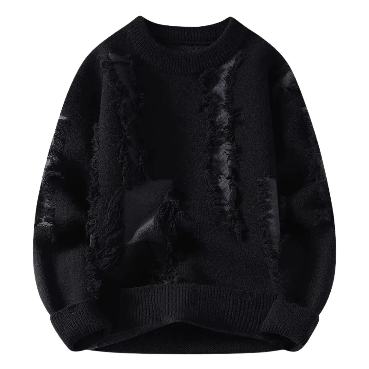 Black distressed sweater on a white background
