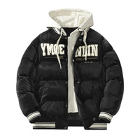Thumbnail for Black puffer jacket with white hood and visible branding on a white background