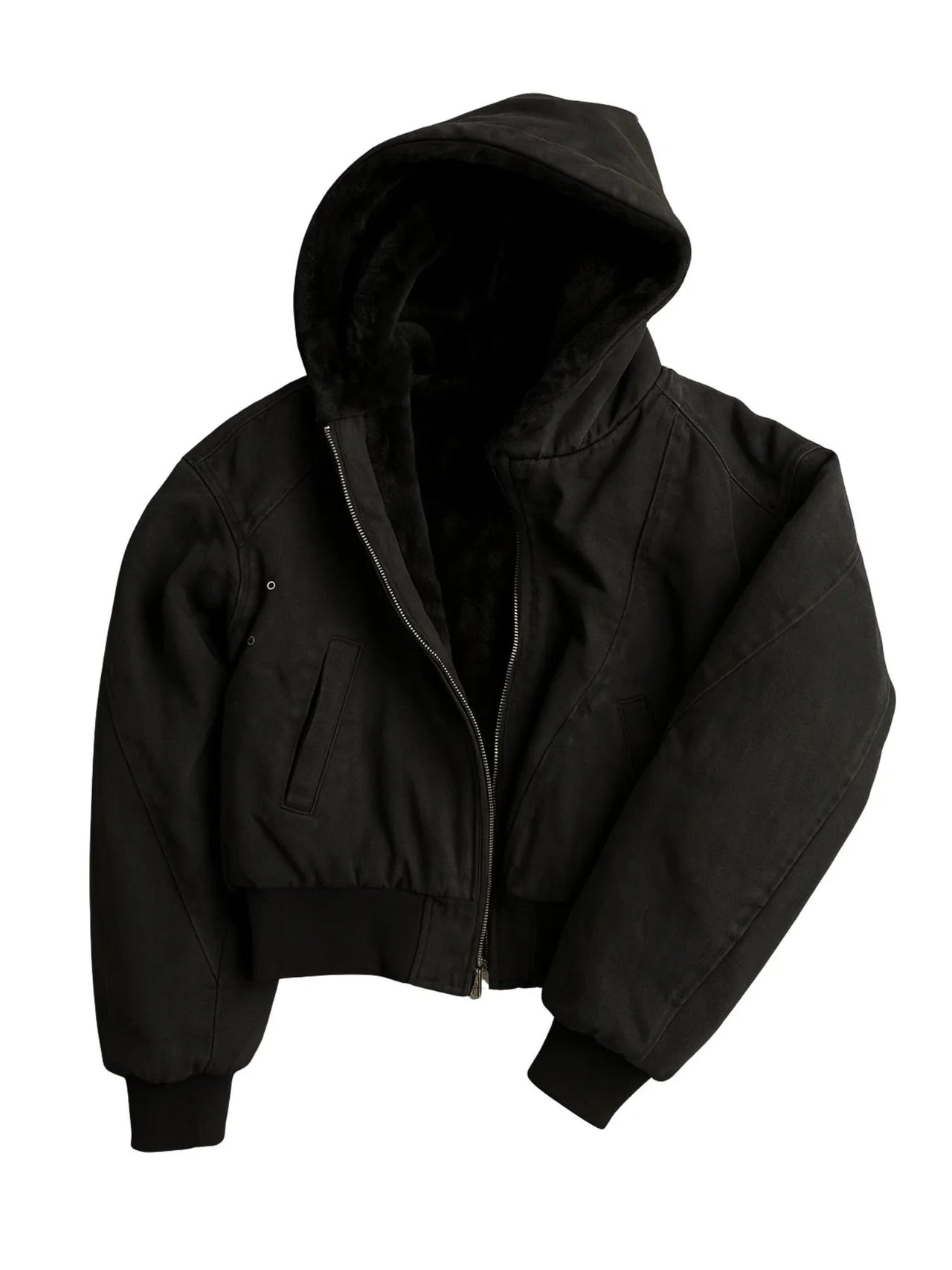 Black hooded canvas short jacket on a white background