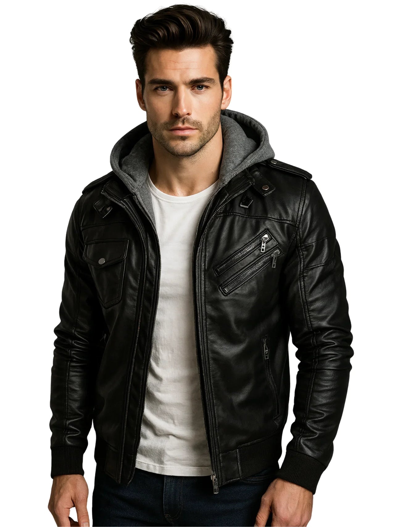 Man wearing a black leather jacket with a gray hoodie on a white background