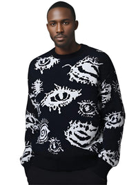 Thumbnail for Man wearing a black sweater with white eye pattern on a white background