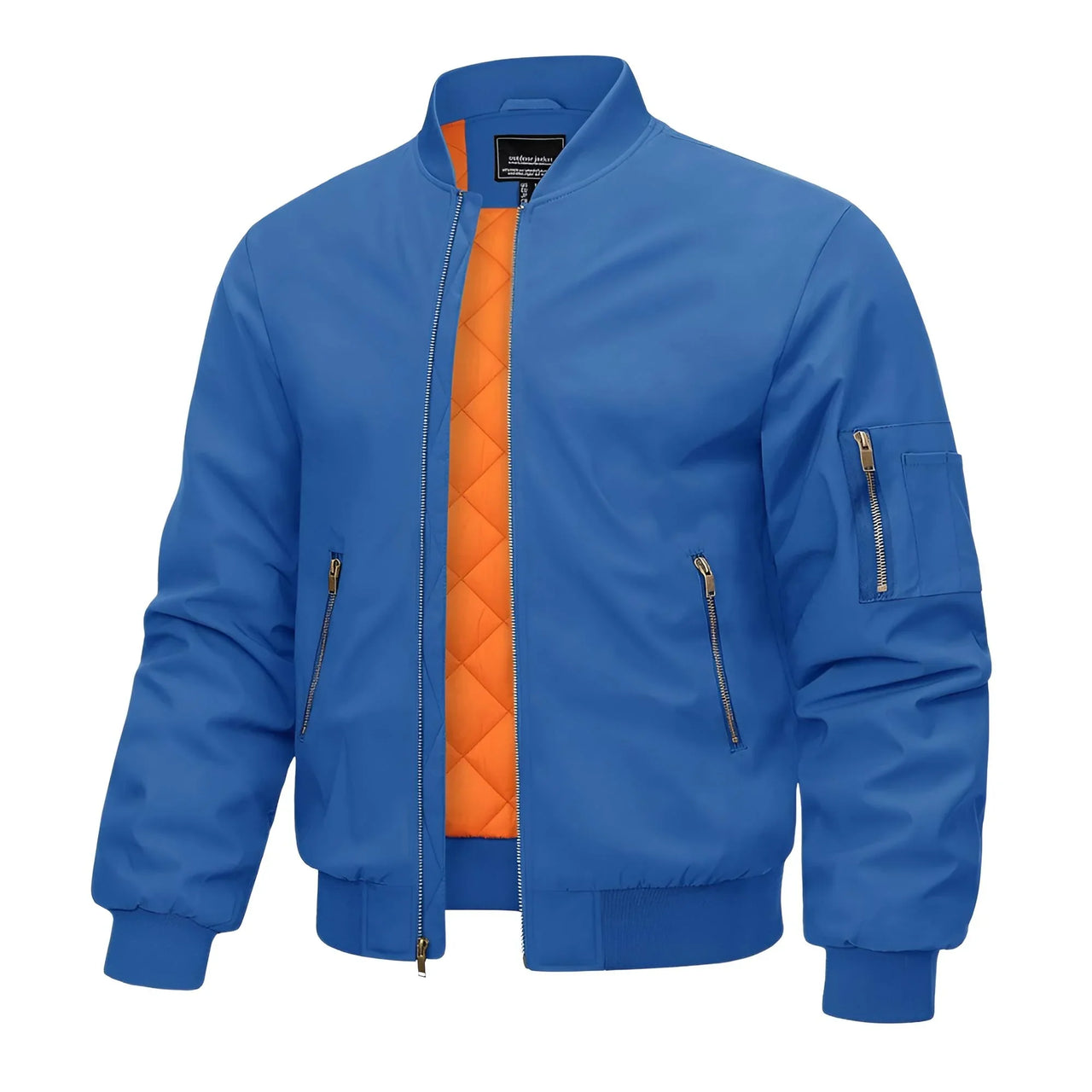Blue bomber jacket with orange quilted lining on a white background