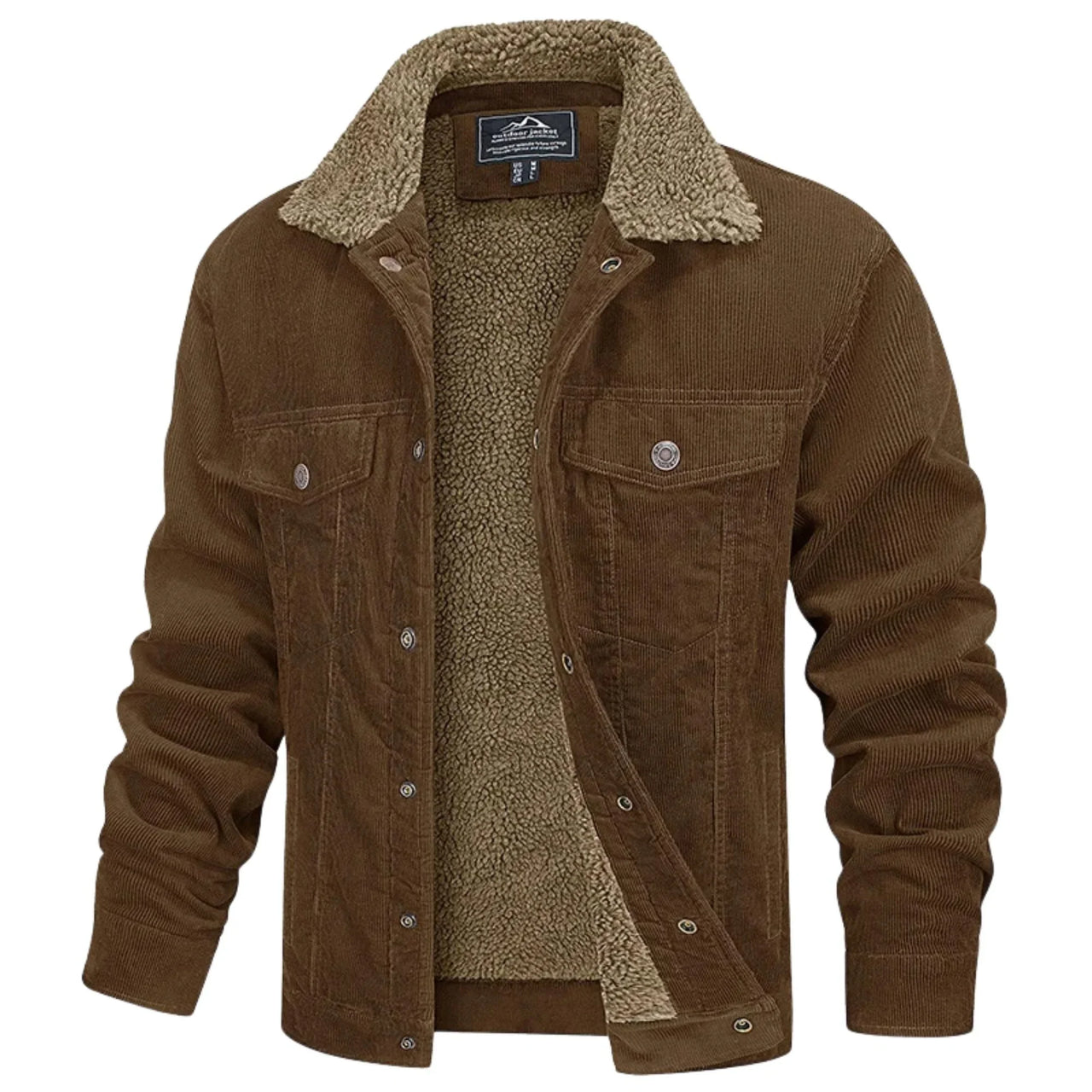 Men's brown corduroy jacket with sherpa lining on a white background