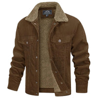 Thumbnail for Men's brown corduroy jacket with sherpa lining on a white background
