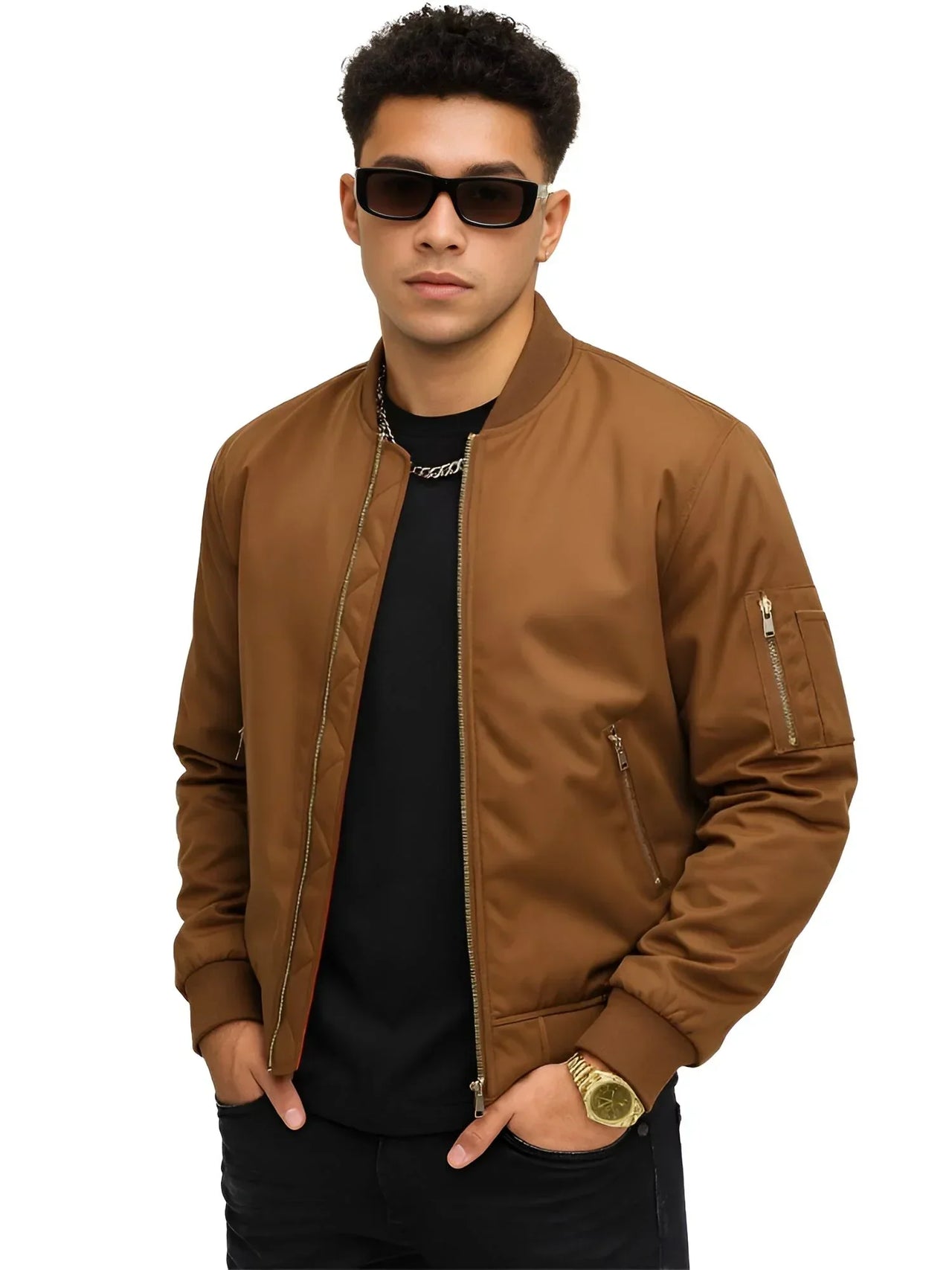 Man wearing a brown bomber jacket and sunglasses on a white background