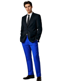 Thumbnail for Man wearing a black suit with royal blue pants on a white background