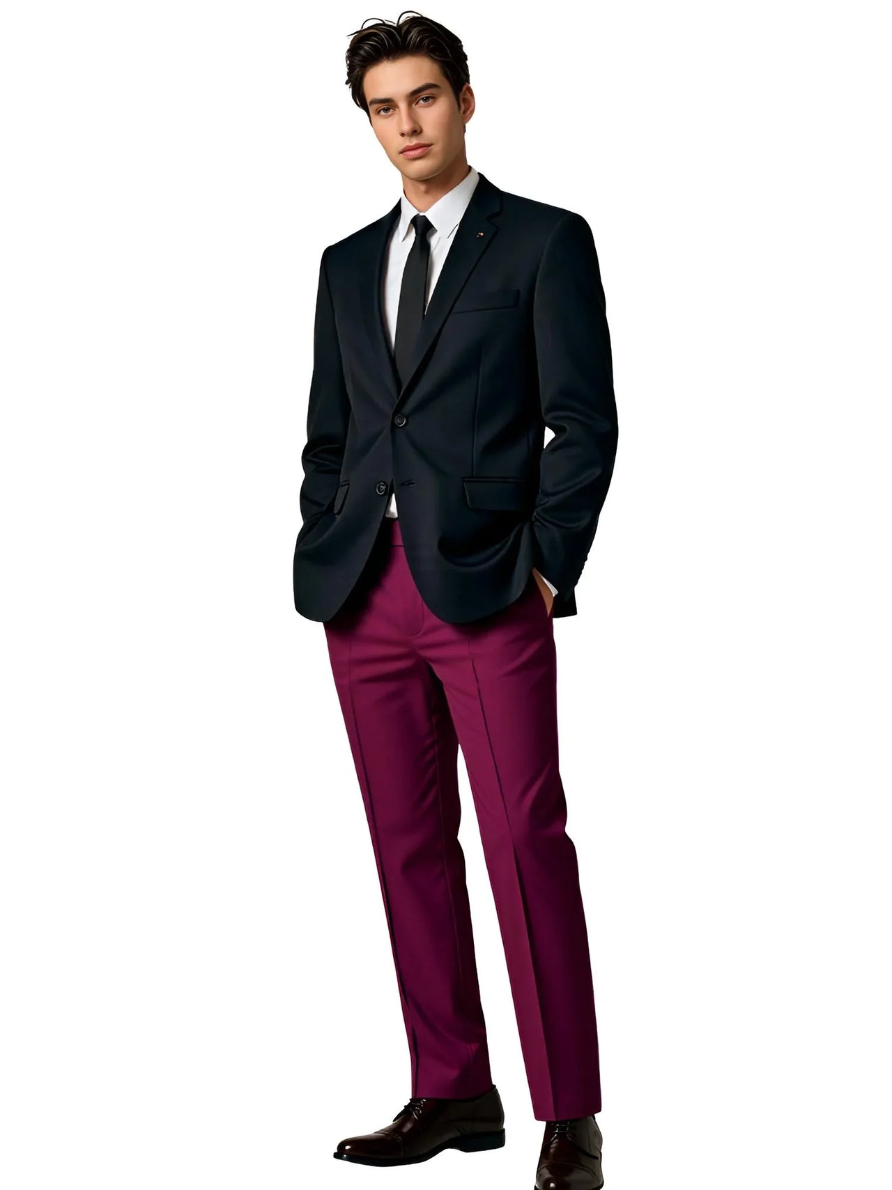 Man wearing a black suit with burgundy pants on a white background