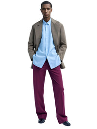 Thumbnail for Man wearing a brown jacket, light blue shirt, and burgundy pants on a white background