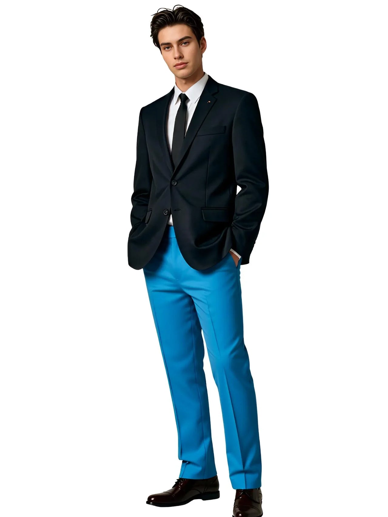Man wearing a black suit with blue pants on a white background