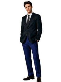 Thumbnail for Man wearing a black suit and navy blue pants on a white background