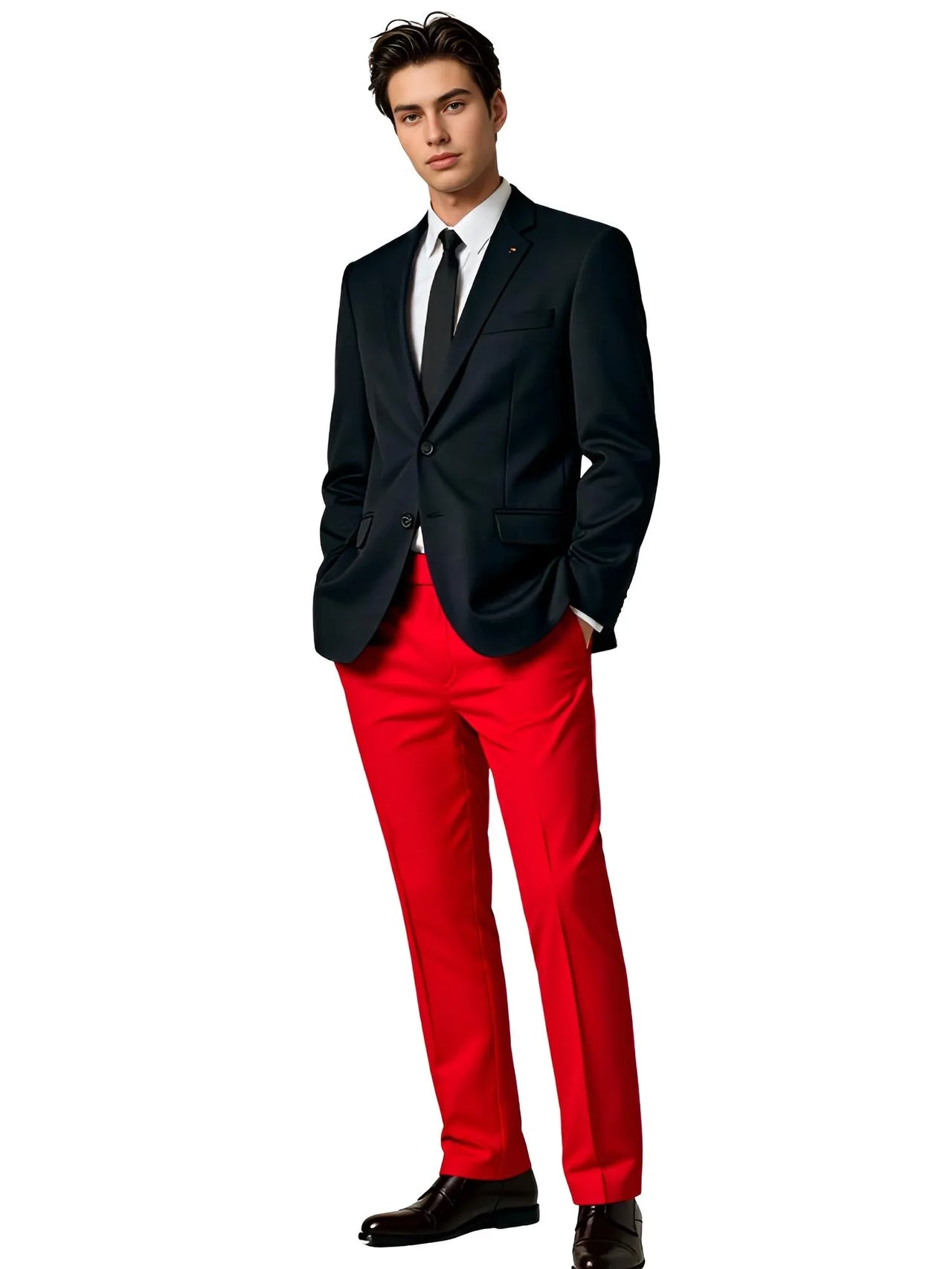 Man wearing a black suit jacket and red pants on a white background