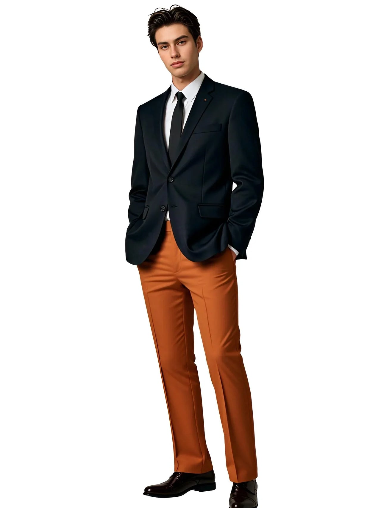 Man wearing a black suit jacket and caramel brown pants on a white background