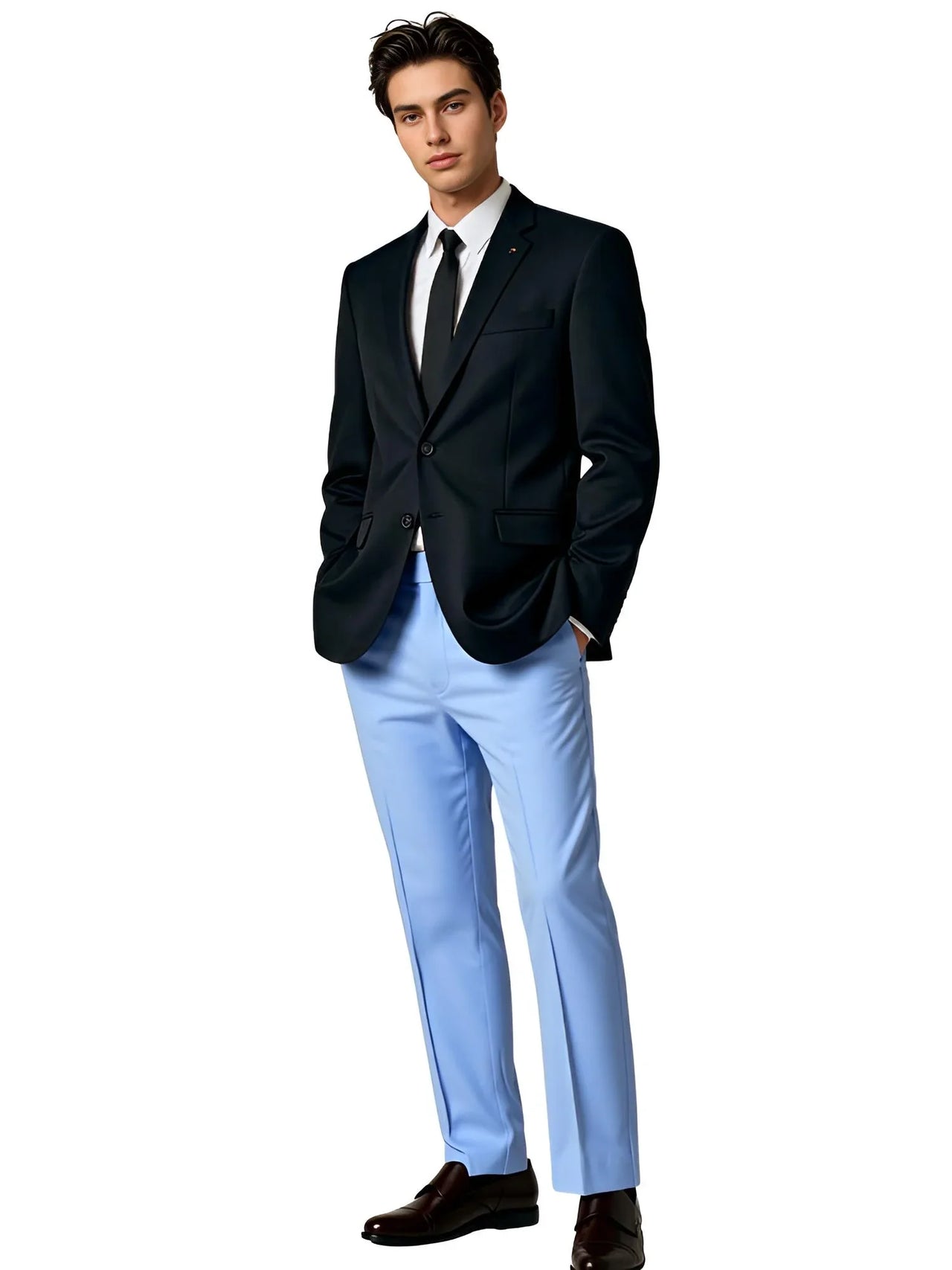 Man wearing a black suit with light blue pants on a white background