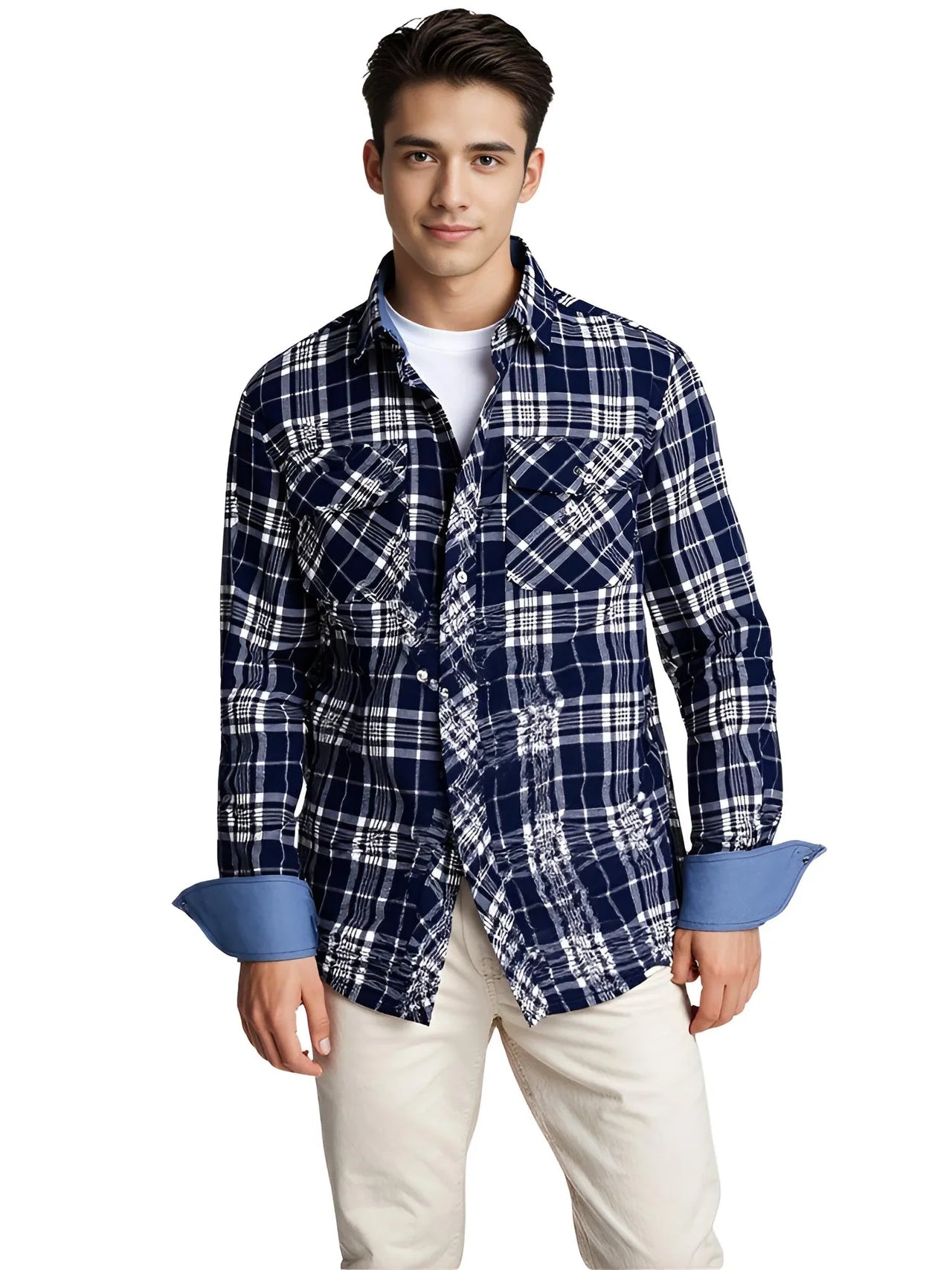 Man wearing a navy plaid shirt with rolled-up sleeves on a white background