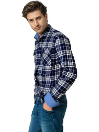 Thumbnail for Man wearing a navy and white plaid shirt with rolled-up sleeves on a white background