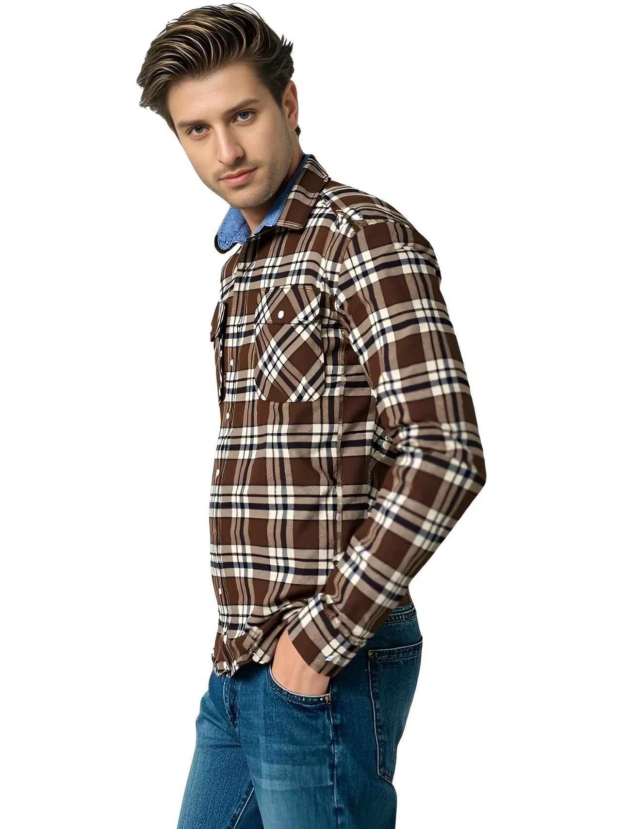 Man wearing a brown plaid shirt over a blue collared shirt on a white background