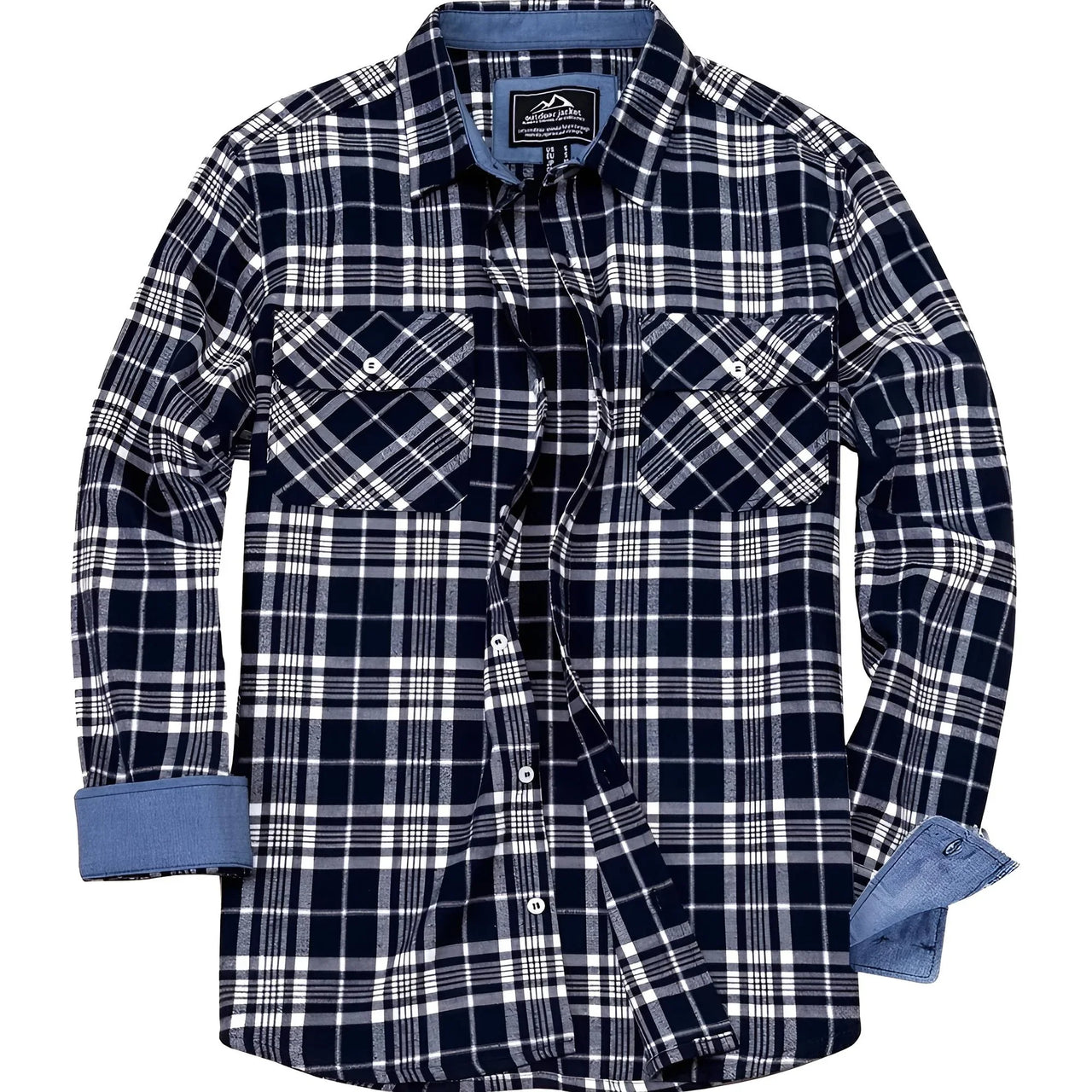 Navy and white plaid shirt with rolled-up sleeves on a white background