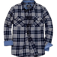 Thumbnail for Navy and white plaid shirt with rolled-up sleeves on a white background