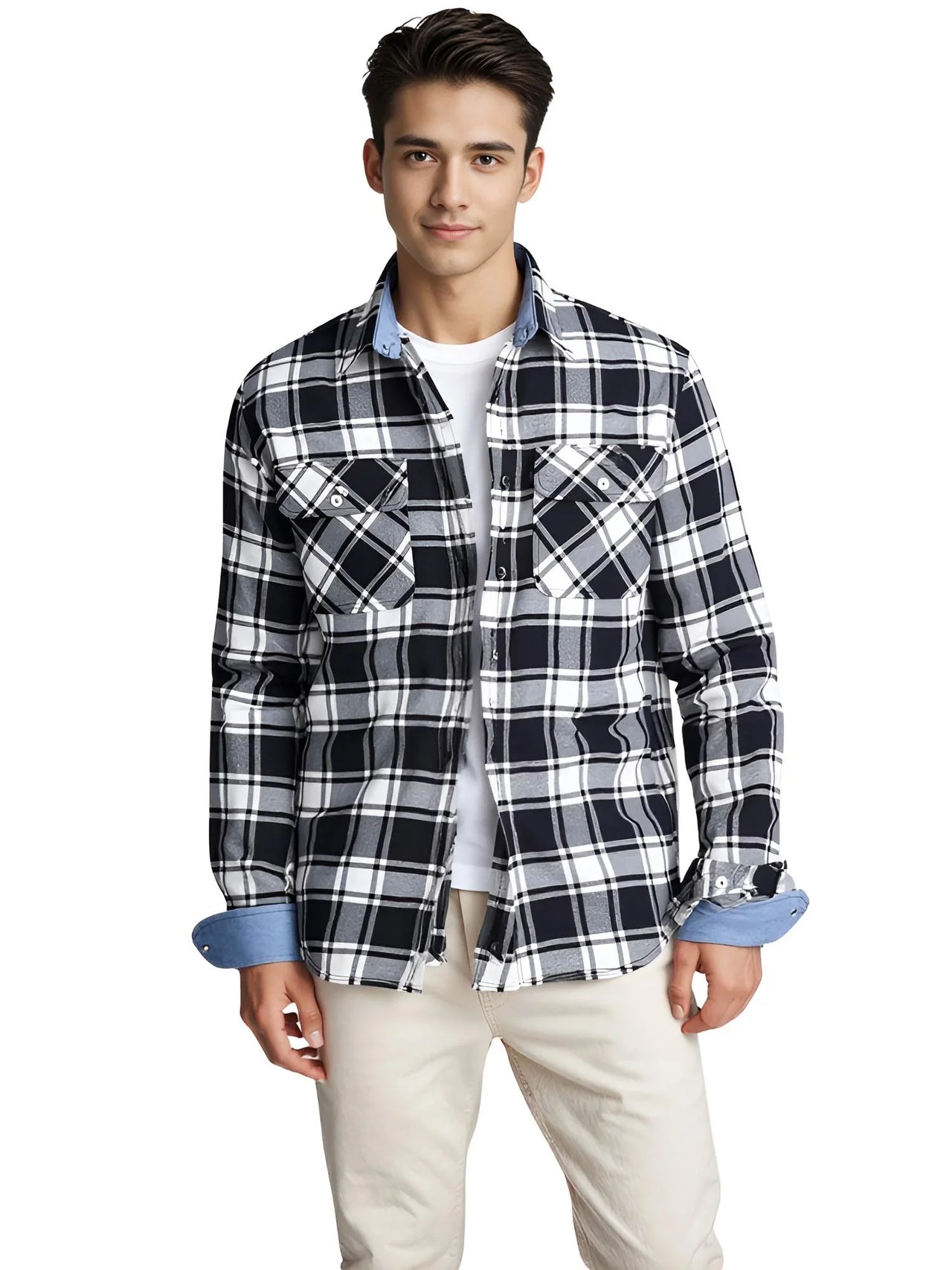 Man wearing a black and white plaid shirt with rolled-up sleeves on a white background
