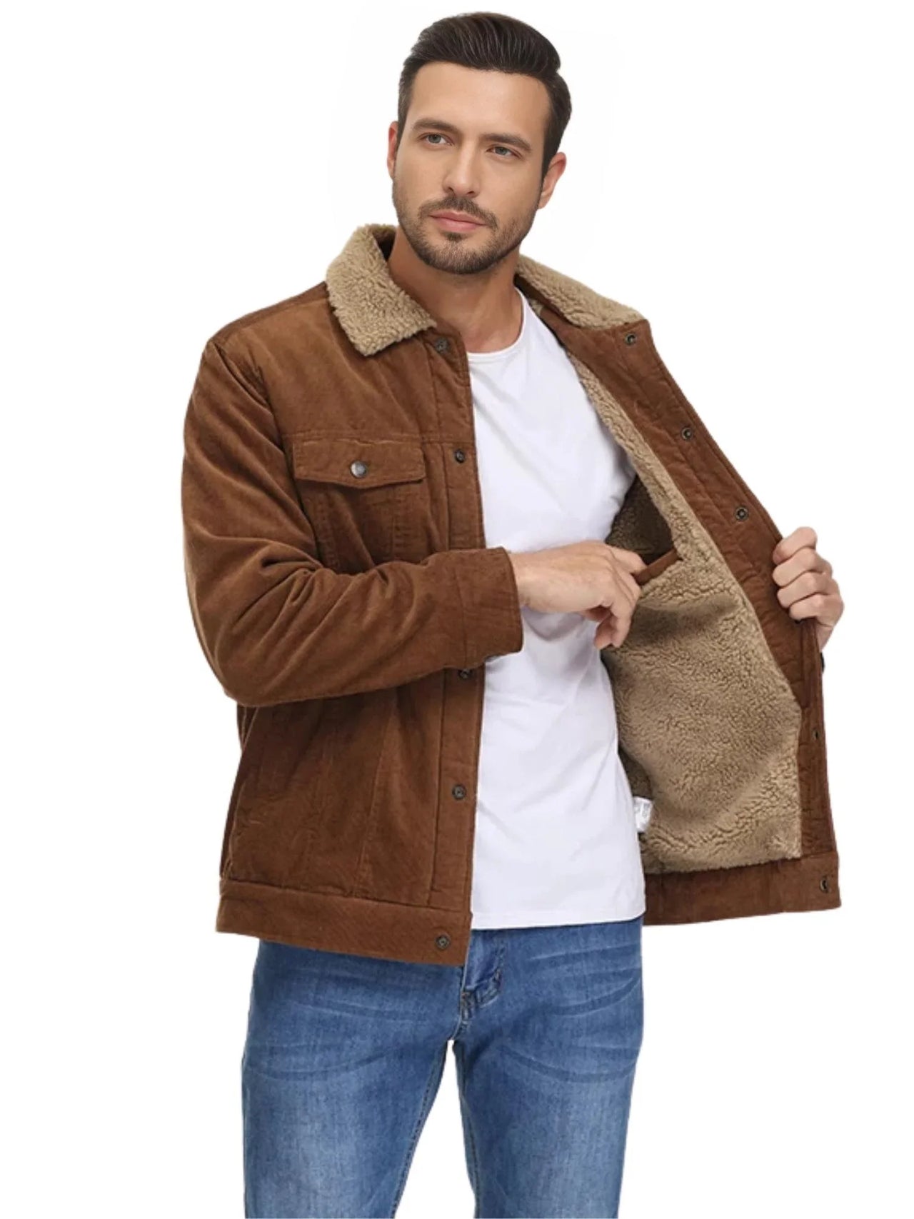 Men's Corduroy Jacket Vintage Sherpa Fleece Lined Thick Warm Winter Coats Multi-Pockets Casual Denim Jacket
