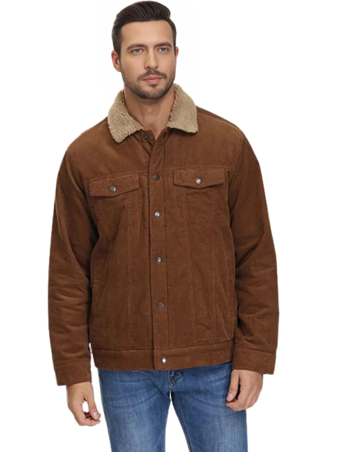 Men's Corduroy Jacket Vintage Sherpa Fleece Lined Thick Warm Winter Coats Multi-Pockets Casual Denim Jacket