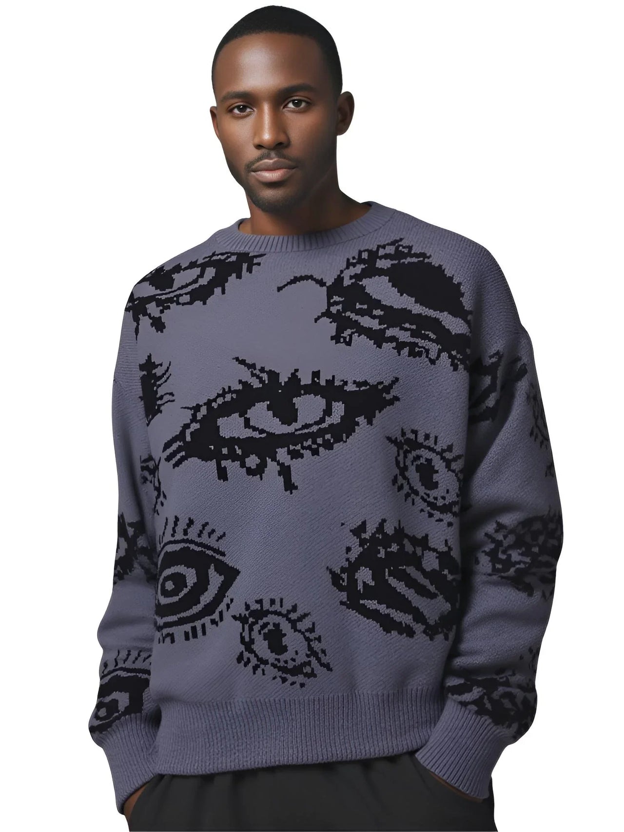 New Popular Men's Abstract Eye Pullover Jacquard Pattern Sweater Casual Round Neck Knitted Men's Pullover