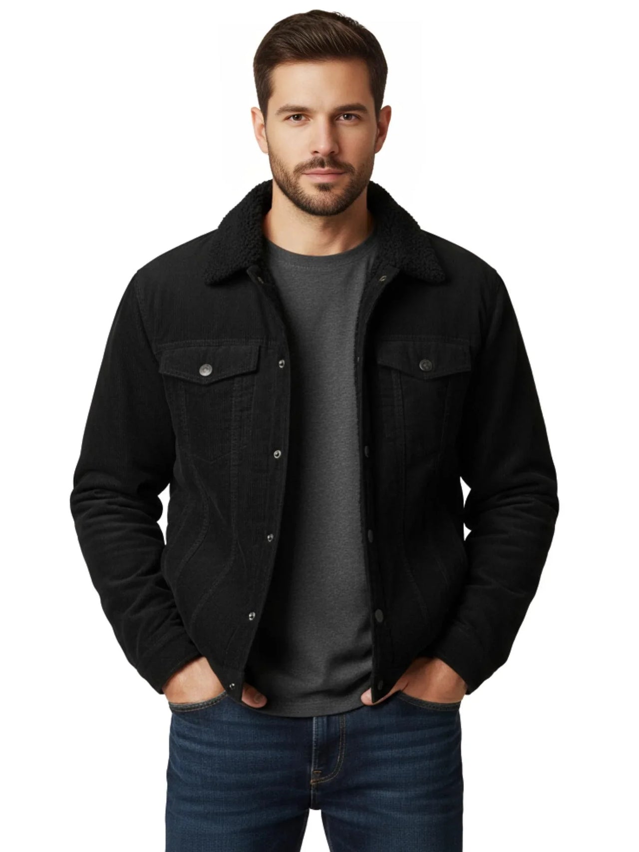 Men's Corduroy Jacket Vintage Sherpa Fleece Lined Thick Warm Winter Coats Multi-Pockets Casual Denim Jacket