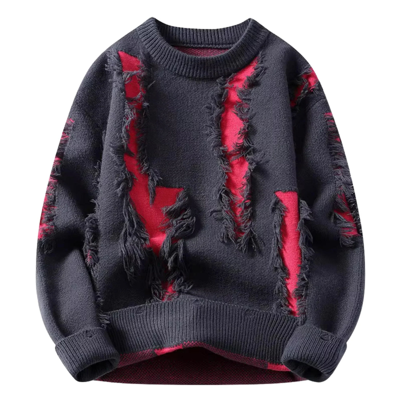 Black sweater with red distressed patches on a white background