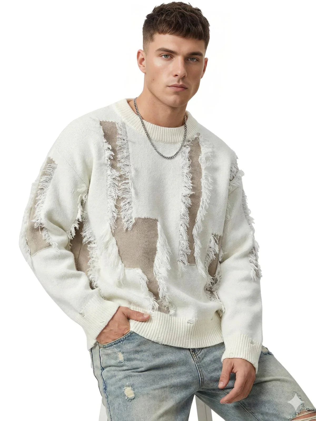 Men's Distressed Sweater Jumpers Male Knit Sweater Pullovers