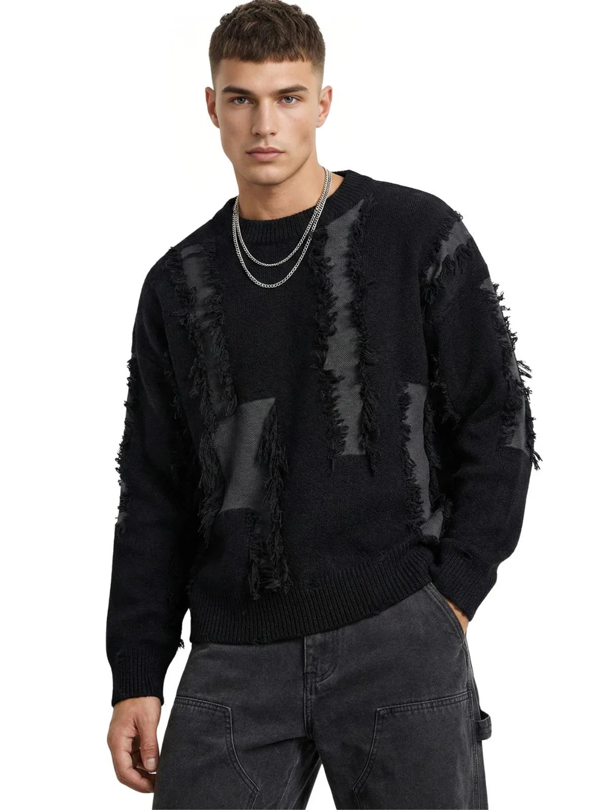 Men's Distressed Sweater Jumpers Male Knit Sweater Pullovers