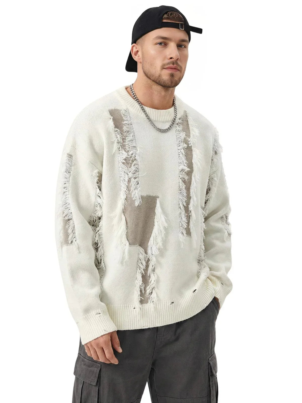 Men's Distressed Sweater Jumpers Male Knit Sweater Pullovers