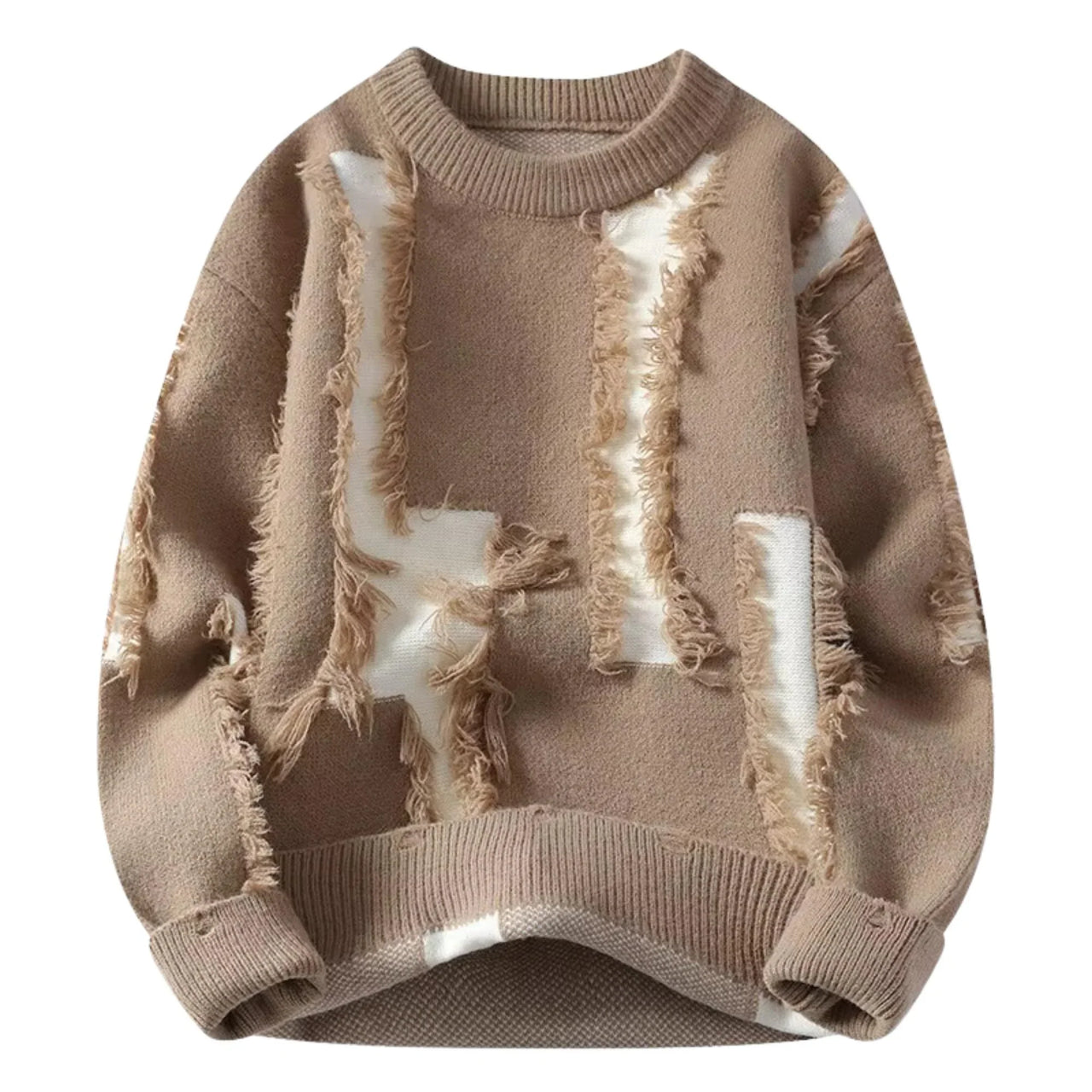 Brown distressed sweater on a white background