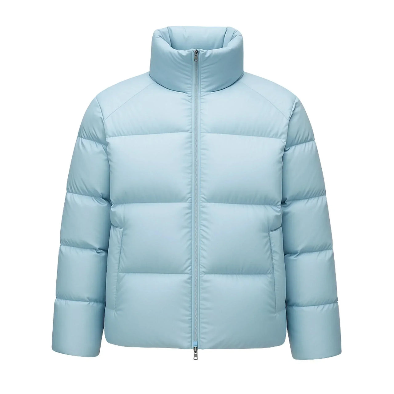 Grey blue puffer jacket on a white background