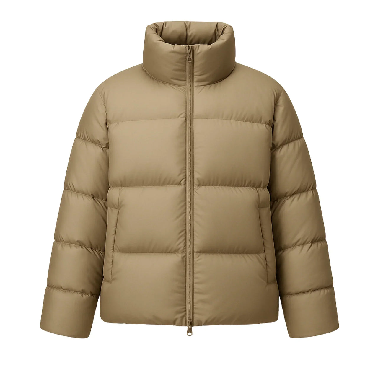 Khaki puffer jacket on a white background