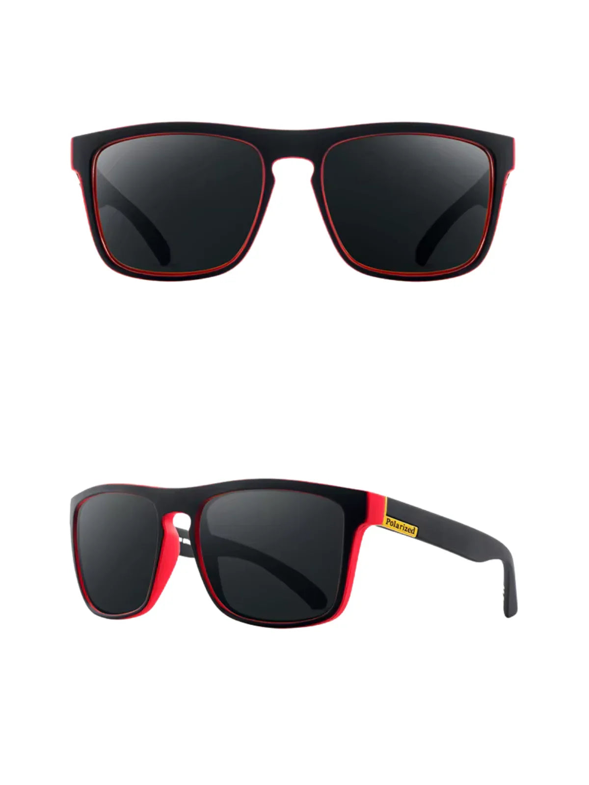 Black and red sunglasses with a visible polarized logo on a white background